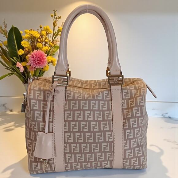 Authentic Fendi Zucchino Mini Pink Boston Logo Handbag Pre-owned MSRP $1995 - Picture 1 of 16